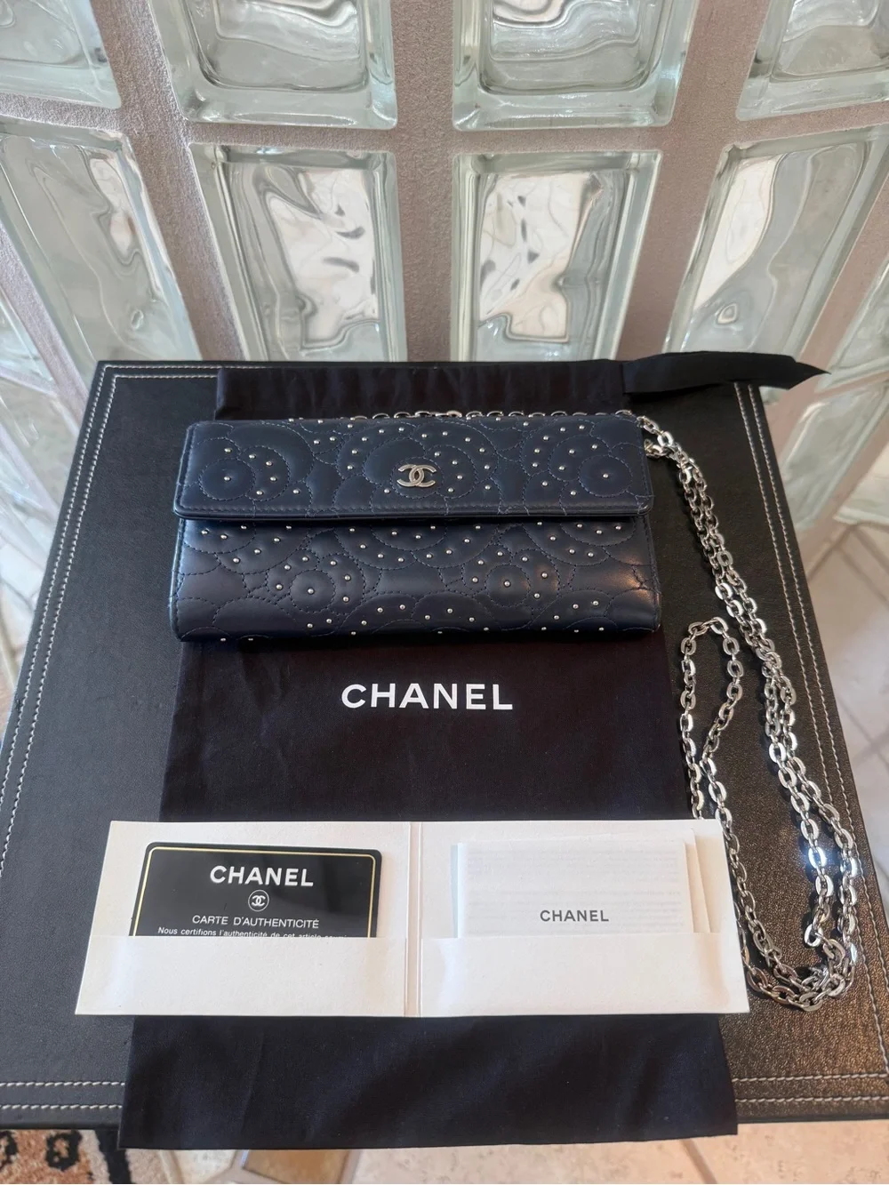 CHANEL Navy Blue Quilted Camellia Studded Leather Wallet, Unbranded Silver Chain